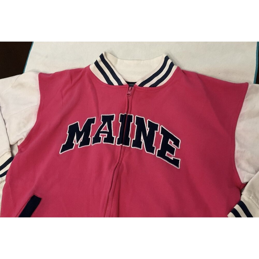 Women Girls Maine Spell Out Varsity Bomber Jacket Barbiecore Full Zip M 44”Chest - Picture 6 of 16